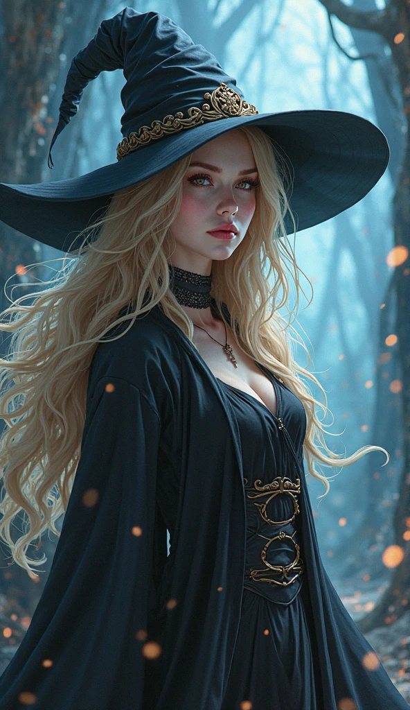 Blonde with long hair, witch, in Dark Fantasy, full height