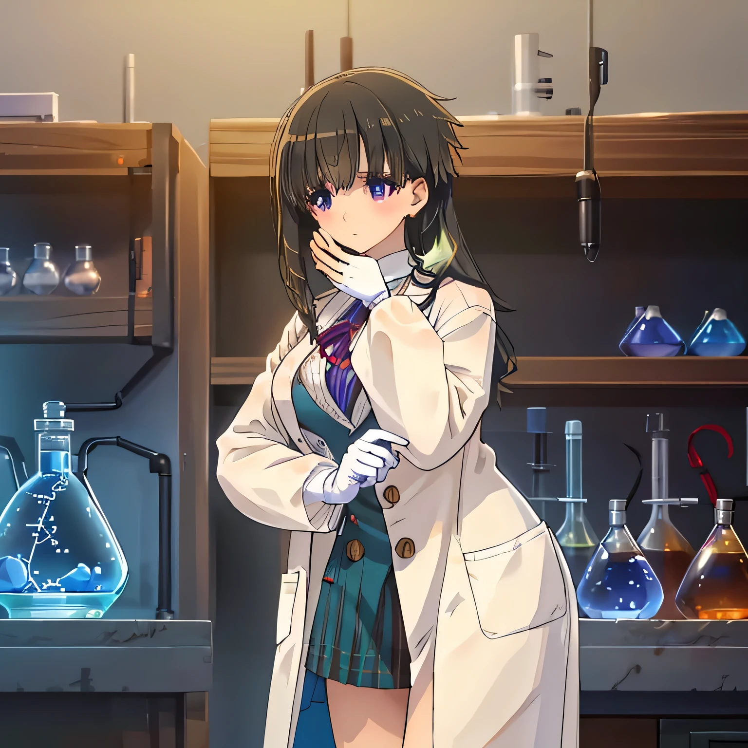 Depict a 20-year-old, stunningly beautiful woman conducting an experiment in a well-equipped science lab. She wears a pristine white lab coat over professional attire, her expression focused as she carefully handles scientific instruments. Whether her hair is long and neatly tied back or short and styled, she maintains a meticulous appearance suited for the lab environment. The background features shelves filled with scientific equipment, adding to the immersive atmosphere of the setting. dark hair, long hair, purple eyes.