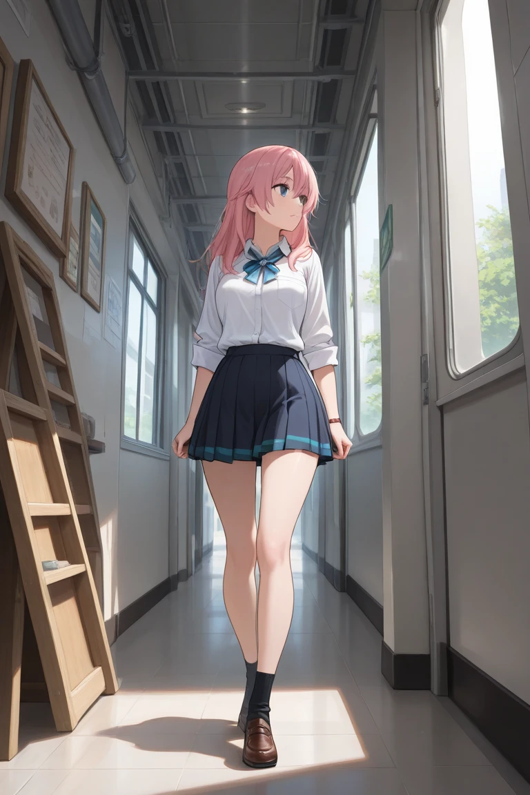 masterpiece, best quality, ultra-detailed, 1girl, pink hair, short hair, ((blunt bangs)), flipped hair, (jitome), white business shirt, dark gray pleated skirt, black high socks}, blue eyes, Medium chest、slim、Cowboy Shot、smile 、from behind, from below, hip focus