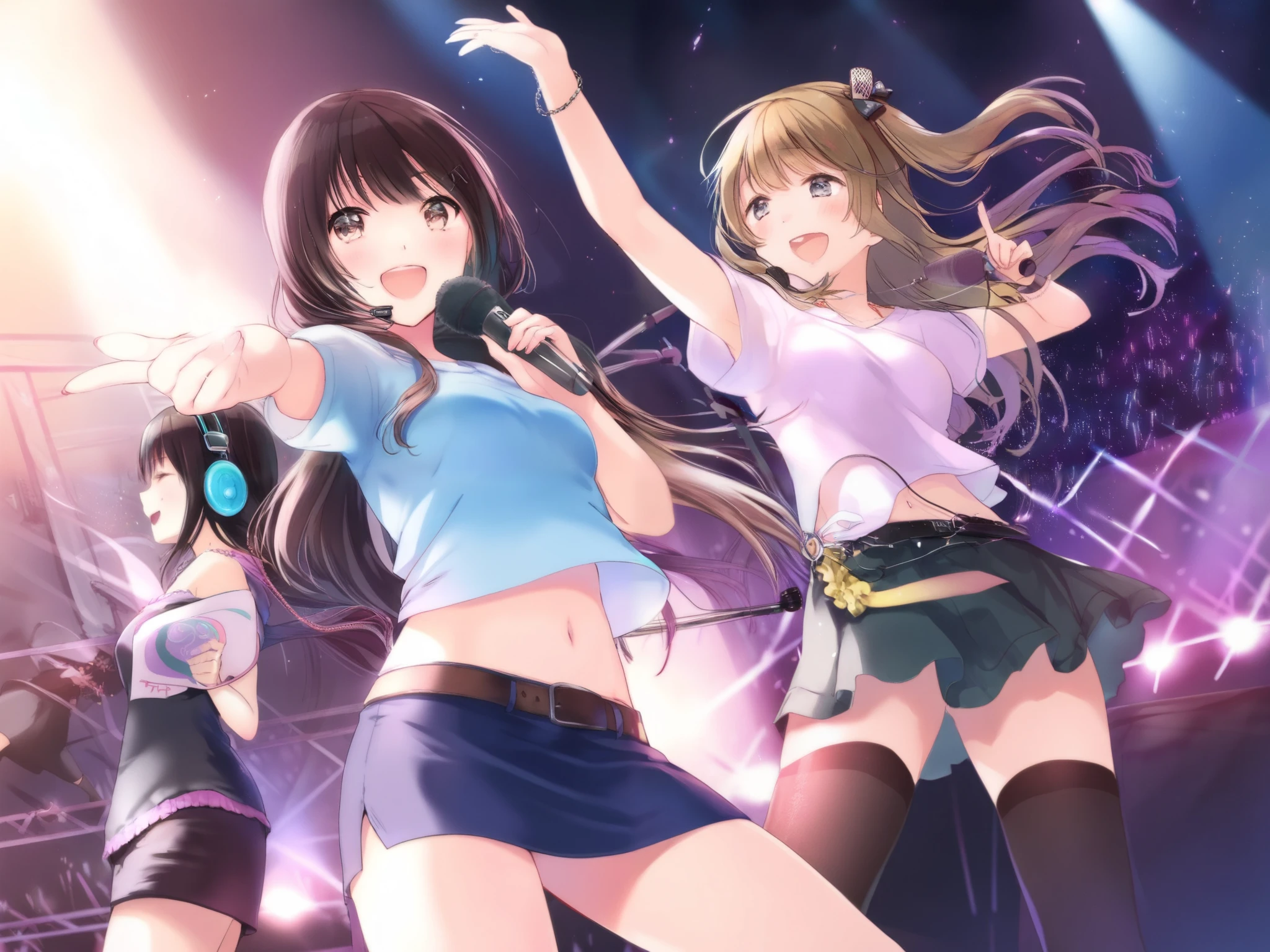  4 Asian women , On a dancing stage, skirt and T-shirt, with headphone mic