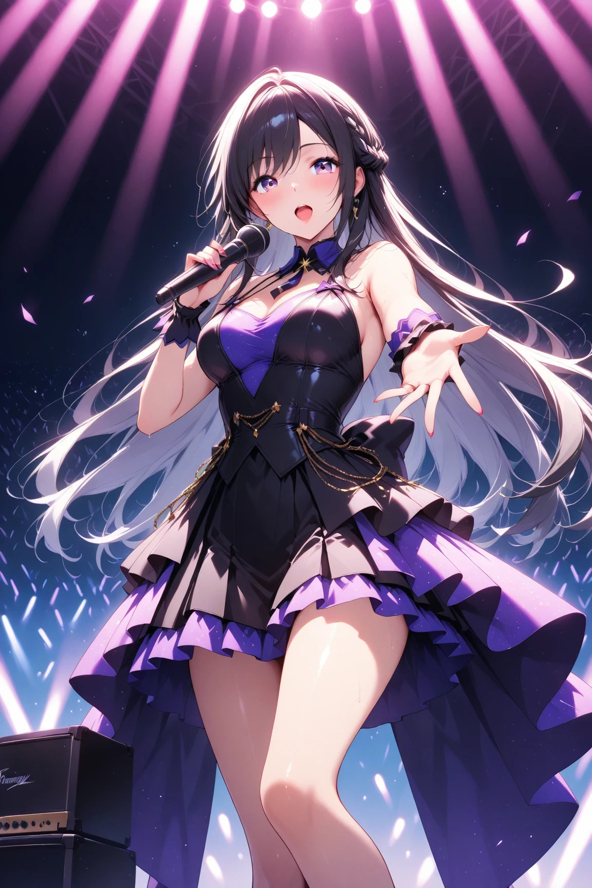 Illustration, cinematic light, high resolution, best quality, super detailed, detailed face, (detailed eyes), highest quality, super detail, masterpiece, (detailed face), pretty face, best smile, sexy mature woman transparent (cute t-shirt) cloth, floating cloth, see-through, choker, open cloth, D cup, cleavage: 2, NSFW, high heels, blue eyes, neon small shiny hair edges, Ruffled miniskirt, AI fantasy concert, glowing lighting with neon details, holding the microphone in left hand and singing: 15, black magic 💕, (live stage: 1.15) in the audience in the background, singing with buttocks sticking out, light reflection, heart-shaped iris, playful eyes, open shoulders, rain, (wet body), small glowing butterfly, hair jewelry, panties, (cute embroidered white string panties)