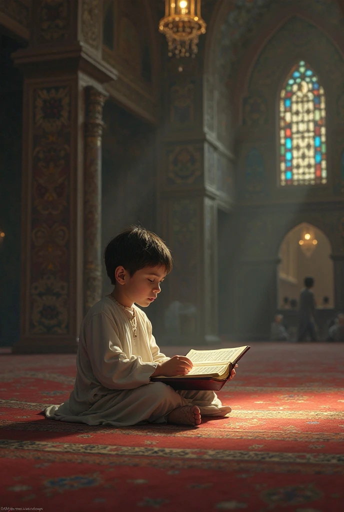 A Muslim child is praying while standing and crying while holding the Quran.