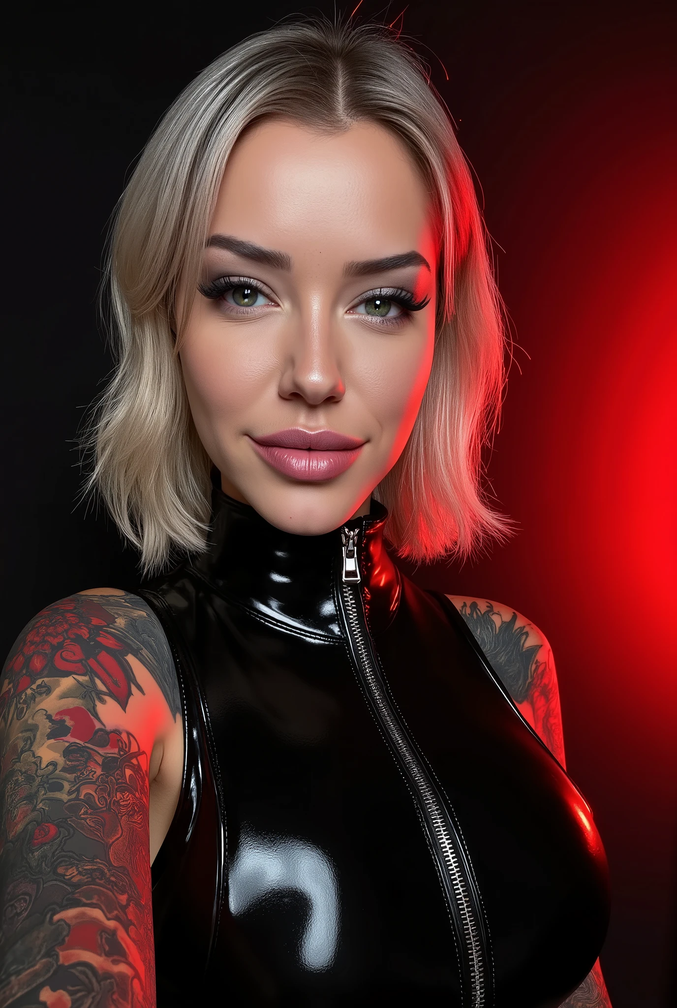 (masterpiece, best quality:1.2), 1girl, solo, woman, mid body image, (makeup:1.4), beautiful smile, turtleneck latex outfit, zipper, highly detailed fur, natural skin texture, 4k textures, Highly detailed perfect , Lightroom, Intricate, Ultra-Realistic, Out There, (HDR:1.3), UHD, (Intricate Detail, Hyper-Detailed:1.1), Cinematic, Photoreal, (Dark Shot:1.2), Dramatic, High Contrast, (Warm Color:1.1) , muted colors, master piece, elegant, sharp focus, looking at the viewer, black to red gradient background, solid dark black with red gradient background, neutral studio background