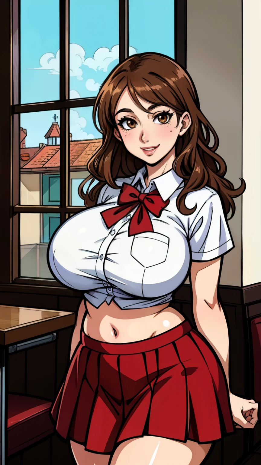 attractive korean woman, ripped muscle, muscular body, small breast, pale skin, smile(blush), nude, bowtie, sixpack abs, [ultra detailed skin:1.2], brown hair, wavy hair, 8k uhd, full body, stand, crowd, public, classroom,
