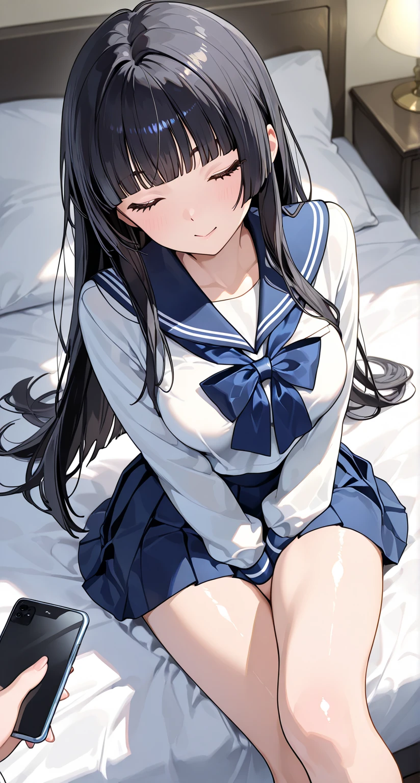 {{{beautiful}}}, amazing, (best quality:1.5), (masterpiece:1.5), extremely delicate and beautiful, intricate details, finely detailed, extremely detailed, beautifully detailed, ultra-detailed, (hyperdetailed:1.5), high resolution, (illustration), watercolor pencil, Clear line drawing, (ufotable style:1.1), ufotable screen cap, anime coloring, anime screencap, (latest picture), backlighting, dynamic angle, glow, depth of field, {{{body satisfaction}}}, (body with a good balance of style:1.5), (slender figure:1.5), perfect body, perfect hands, perfect feet, (two arms:1.3), (two legs:1.5), (five fingers each:1.3), (perfect joint:1.3), perfect joint movement, beautiful detailed eyes, (detailed eyes:1.5), finely detailed eyes, perfect anatomy, full dissection, perfect composition, correct limbs, balance and coordination in all things, realistic:0.5, precise fingers and hands, (finely drawn hair:1.5), {{{cool girl}}}, (black hair:1.3), (semi-long hair:1.3), (straight hair:1.3), bangs, (blue eyes:1.3), (medium breasts:1.3), (small-sized buttocks:1.3), {{{Bedroom}}}, (bed:1.3), (blue light), (blue layers), indoors, {{{sailor suit}}}, (dark gray sailor collar:1.5), (white long sleeved shirt:1.5), (dark gray pleated skirt:1.5), white socks, neckerchief, {{{blush}}}, shy, sweat, (teary eyes), (ecstasy:1.5), gasping face, (ecstasy face), overflowing from groin), {{{masturbation}}}, female masturbation, masturbating, fingering, (solo:1.5), self-love, self fondle, 1girl, clothed, (missionary position:1.5), (lying:1.5), (lie on the bed:1.5), missionary, missionary pose, supine position, push down, on back, fpov, lying_bustup_shot,