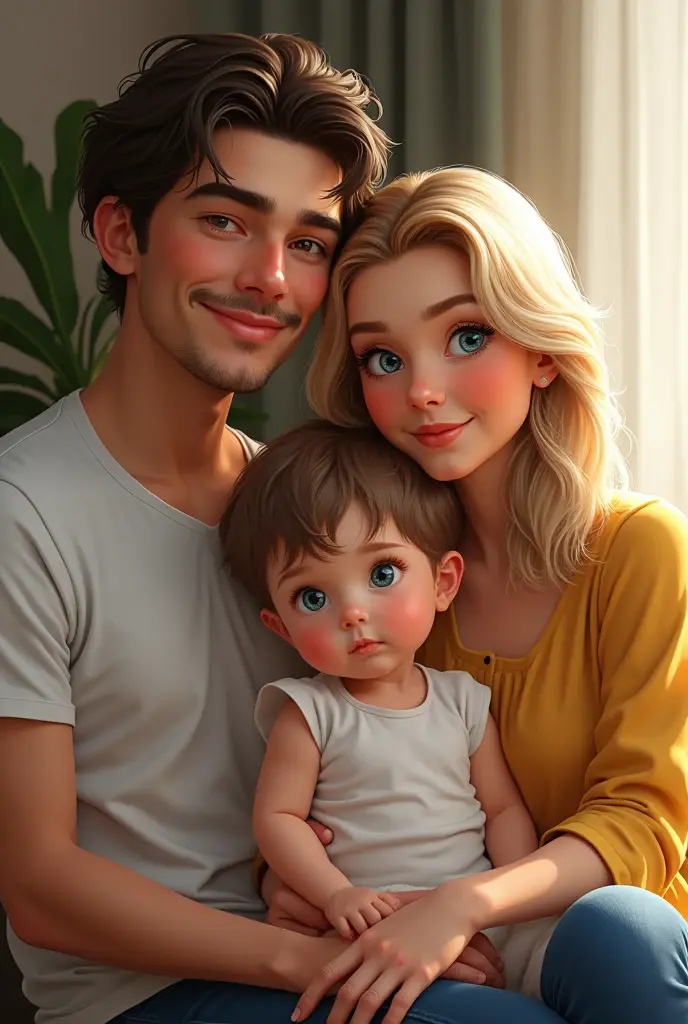 Create two adult characters holding a baby on their lap, that are in a children's room