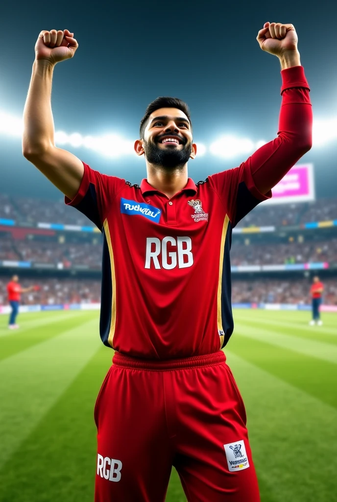 Virat Kohli in rcb jersey. showing fuck off symbol to haters in a full stadium with swag aggression. make sure to show the audience clear
