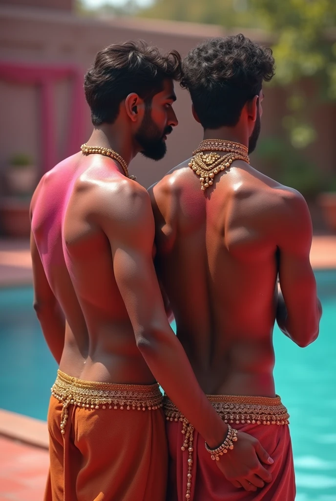 2boys kissing and embracing, masterpiece, best quality, slim lean boys young adults standing shirtless in a tranquil pool surrounded with water lilies and reeds. The men are muscular lean slim and well built, with defined muscles. The men are wearing white linen loincloth which have intricate gold embroidery. (loincloth:1.0) They are wearing gold armbands on their arms, gold leg bands on their thighs, gold anklets on their ankles, gold bracelets, and gold necklaces. The men are wearing a single ear cuff. Loving love pose, sexy expression.