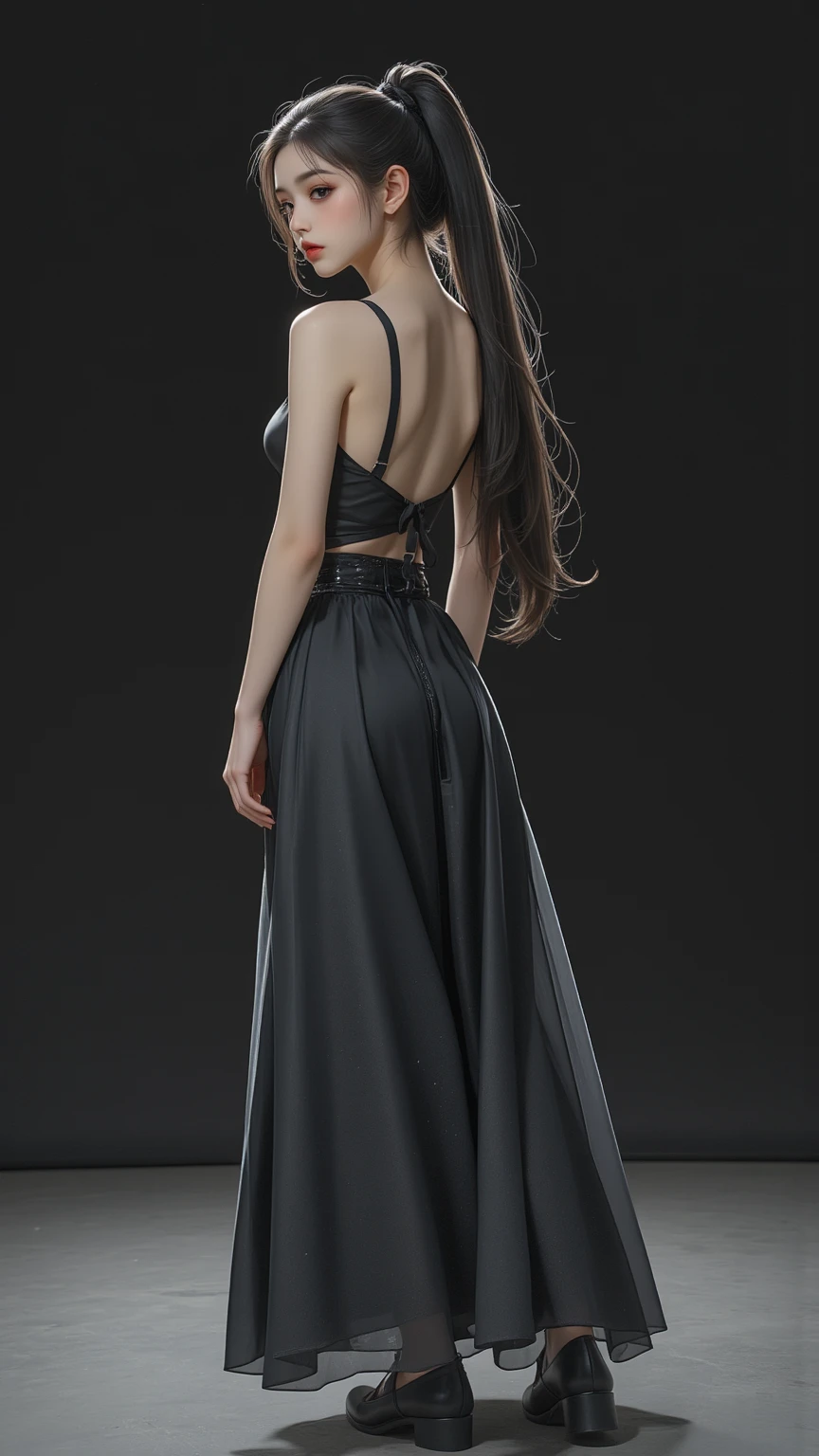 Best Quality, Masterpiece, High Resolution, 1 Girl, Porcelain Dress, Hair Accessories, Necklace, Jewelry, Beautiful Face, Physics, Tyndall Effect, Realism, Dark Studio, Edge Lighting, Two-tone Lighting, (High Detail Skin: 1.2), 8k UHD, DSLR, Soft Light, High Quality, Volumetric Light, Voyeur, Photo, High Resolution, 4K, 8K, Background Blur, Bandeau, Full Body Long Legs, Black Gauze Dress