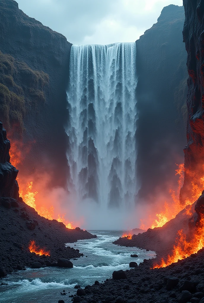 (Photorealistic.Uhd.masterpiece) an ultra hot gorgeous European woman. Age 23. Naked. She’s a playmate.standing in front of a  great lava waterfall, lava, magma river, volcano, beautiful mountainous area, water vapor from a lake into which magma flows, immersive background, cascading, beutiful landscape photography, long exposure time,, hdr, raw photo