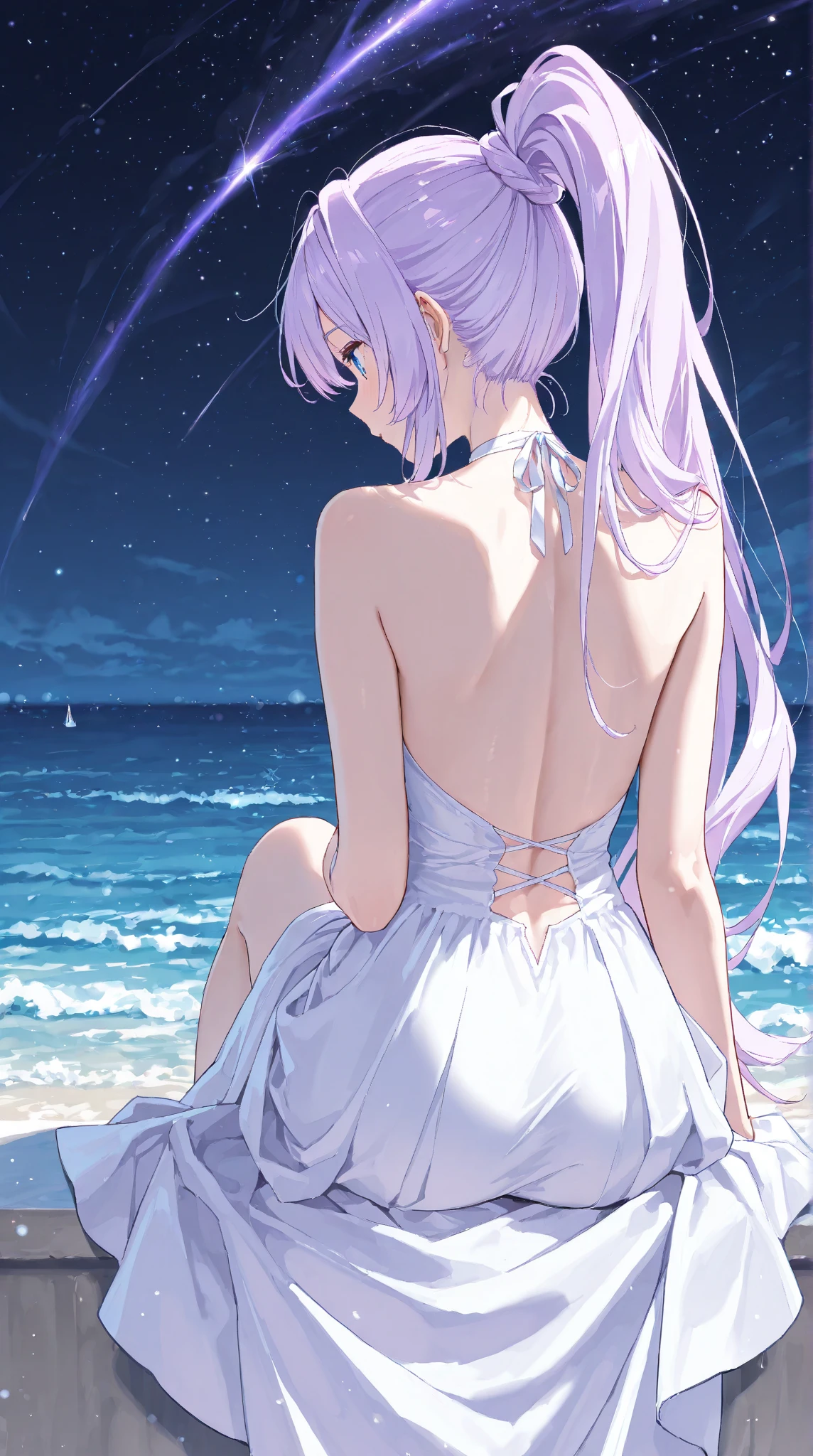 girl with purple hair, braid hair, purple eyes, fish ears, fish tail, mermaid tail, purple royal clothes, sky with star, sea, 8k resolution, sleep in the sea, detail, mermaid