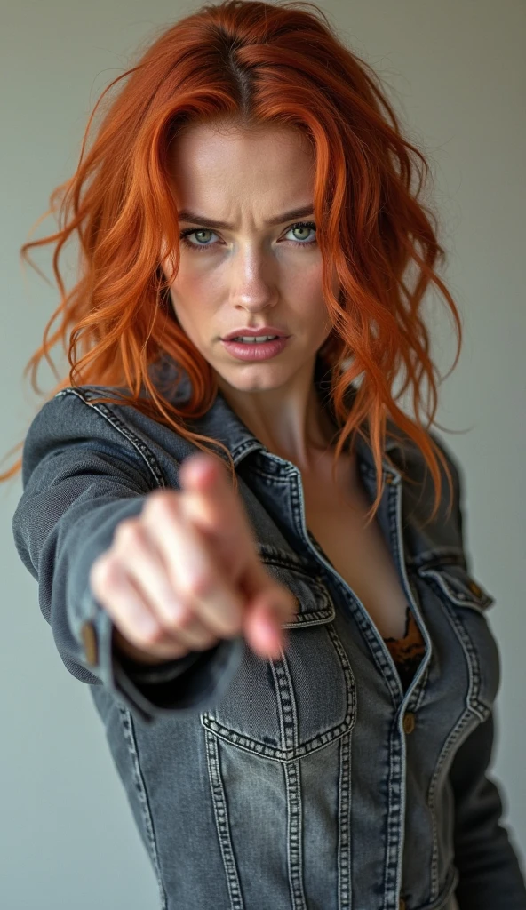 long haired redhead woman, with freckles and blue eyes, with a smile on her sensual face, dimpled smile, in a combat pose.
