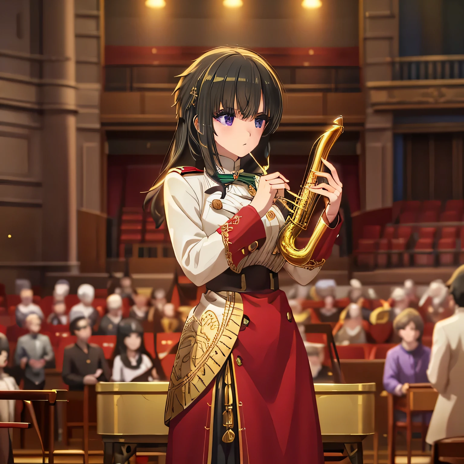 Depict a 20-year-old, dazzlingly beautiful woman playing a brass instrument in a grand concert hall. She wears an elegant yet practical band uniform, designed with intricate gold embroidery. Her posture is poised, fingers positioned with precision, her eyes focused as she plays passionately. The warm stage lighting highlights the shine of her instrument, creating a visually striking contrast between her and the surrounding orchestra. dark hair, long hair, purple eyes.