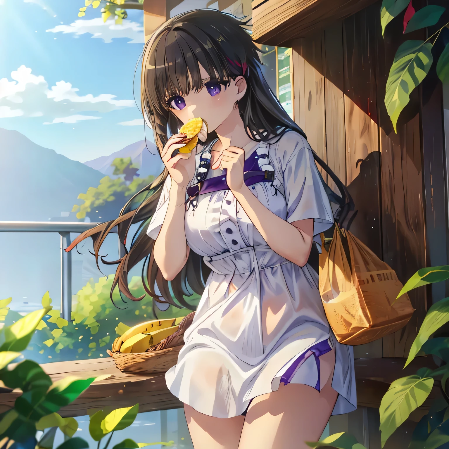 She is holding a banana with its peel partially removed, revealing the white fruit inside. She is eating the exposed white part. dark hair, long hair, purple eyes.