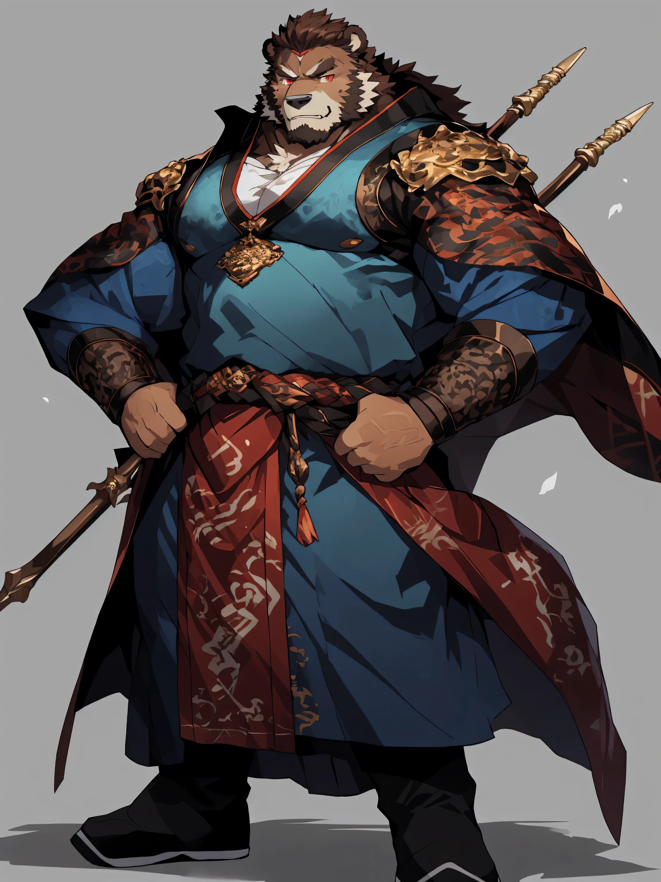 (Brown bear),(蓝色烈焰 Generally 战袍),Holding a spear, Strong Gesture ,stand confidently and proudly,(background is an endless sea:1.2),abdominal muscles,Hero Gesture 飒爽,Perfect Masterpiece,various facial details, distant view,Specific description, masterpiece,CG,(Light red eyes ),Light green pattern, Generally ,Hero Gesture ,Brown bear,blue costume jewelry,specific facial details,Half Body,(蓝色炎火 Generally 战履),(Chang Ling),((middle aged)),(facial focus),(16k), HD,brown and white belly,Temple,beard,(Facial lines),Different students,(blue flame battle robe),(brown hair,White nose),Strong,muscles,(high resolution:1.3),Weeds under the feet