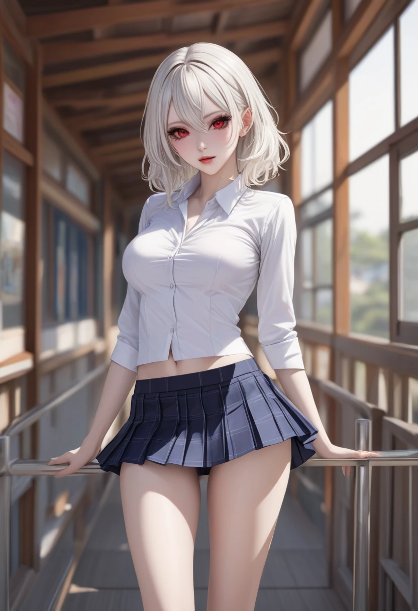 Top image quality、Raw photography、Super-High Resolution、17-year-old Korean、Girl with a cheerful atmosphere、big round chest、cleavage of the breast、student clothes、Y-shirt、School uniform shirt、Shirt not closed、plaid skirts、Black bra、fair white skin、shiny white skin、a short bob、bright silver hair、bright white hair、Beautiful eyes with random colors、beautiful eyes finely detailed、elongated eyes、pale pink blush、long eyeslashes、Beautiful double eyelids、eyeshadows、Beautiful navel、Beautiful ribs、very thin waist、Very small buttocks、skinny thigh、Thin beautiful legs、beautiful foot、a necklace、耳Nipple Ring、Night School、Library dimly lit at night、Very dark room、Black ceiling、
