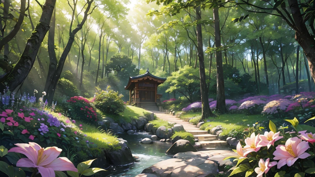 top quality、masterpiece、lush forest and plants green trees々A quiet forest surrounded by a quiet forest、gentle afternoon sunlight shines in、Hear the sounds of small birds from inside the bushes、Lots of colorful flowers on round stones々Blooming in profusion、peaceful and relaxing atmosphere、real、realistic、4K high resolution、HDR、studio lighting、Extremely tight、expert level with lighting、brightly colored 、Bokeh