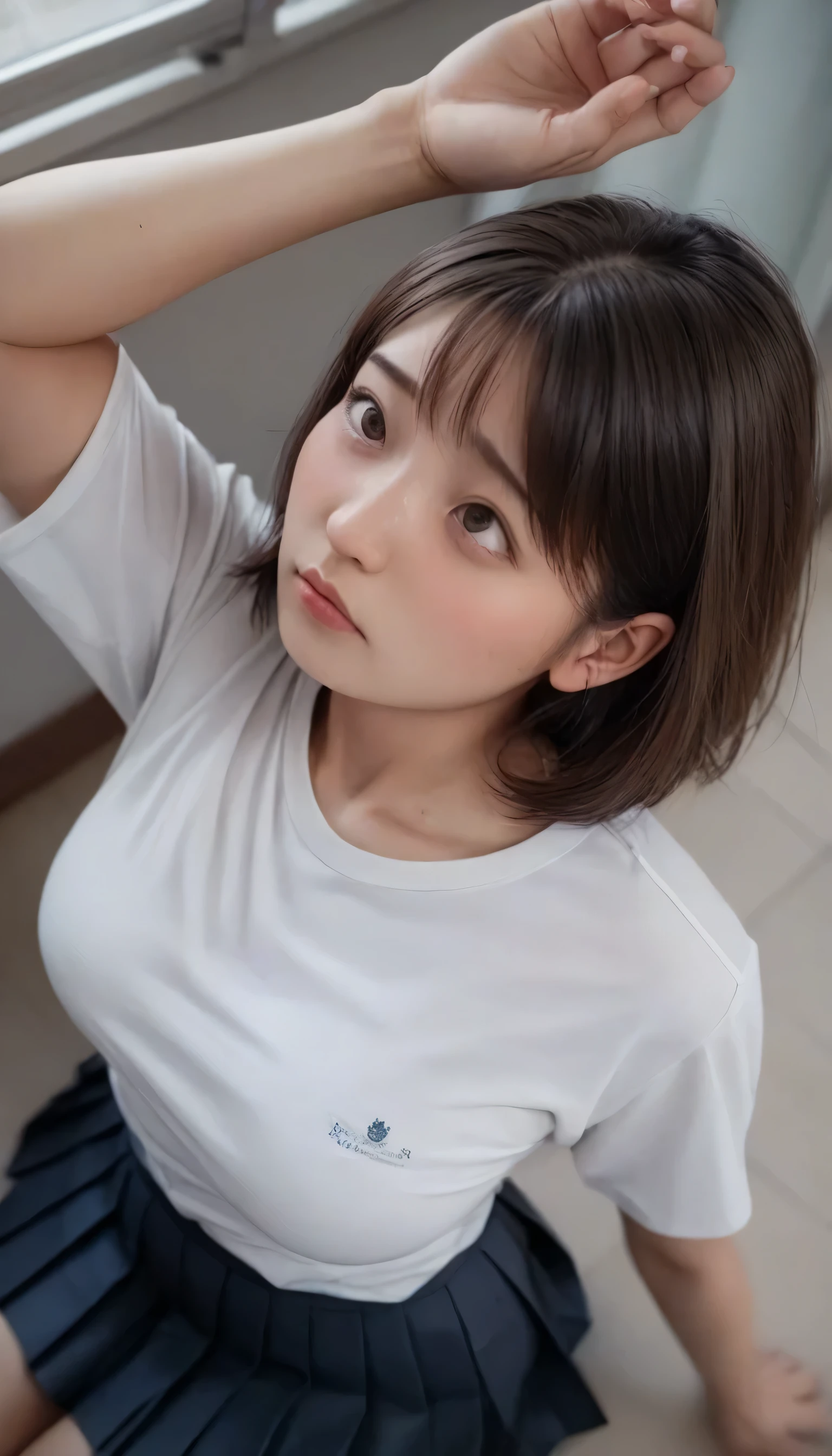 realistic, medium breasts、((white shirt)) , ((angle from above))、((curvy body))、 someone wearing a pleated skirt 、((face up))、((shirt))、(( look embarrassed)) attractive、(angle、 She is looking up ) Coming to 、short hair、female double piece