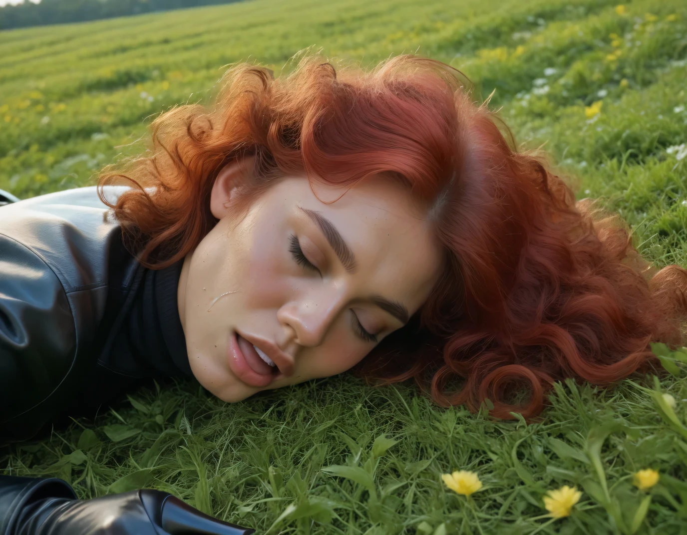 a photo of a man fucking in teh ass a sweaty 30 years old bettie page,eyes closed, moaning of pleausure,curly black hair (middle lenght), lying body and face down on the ground ,in a green field with a man , having penis anal sex penetration , with red hair in leather gloves in a large black turtleneck , the photo is from her side , full shot, detailed leatehr skirt gloves and tigh high leather high heels boots, rough cumshot over her dress face and gloves