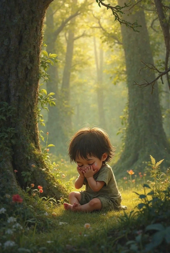 Child crying in the forest