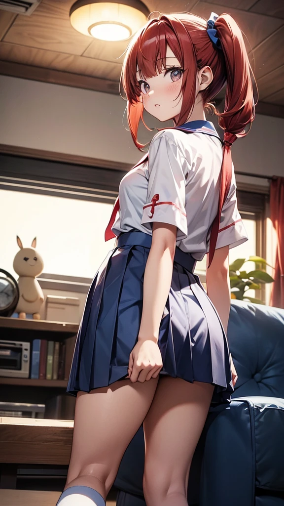 ore no imouto ga konna ni kawaii wake ga nai, 25-yers-old girl with crimson red hair- pulled up into twin ponytails, wearing a blue sailor suit and pleated skirt, long thigh length socks, living room at night background, back turned, kneeling