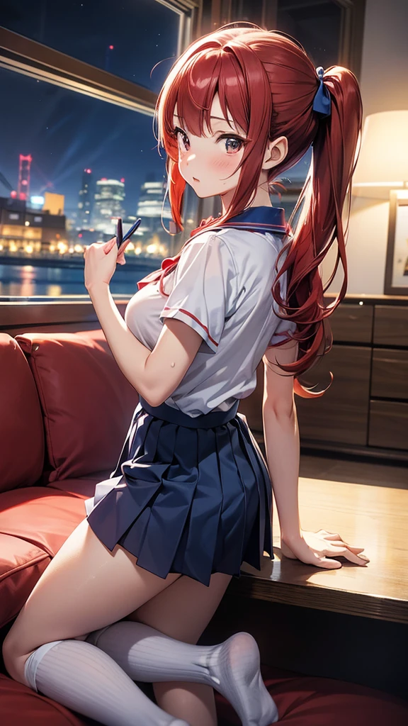 ore no imouto ga konna ni kawaii wake ga nai, 25-yers-old girl with crimson red hair- pulled up into twin ponytails, wearing a blue sailor suit and pleated skirt, long thigh length socks, living room at night background, kneeling on the floor, smiling, head tilted to the left 