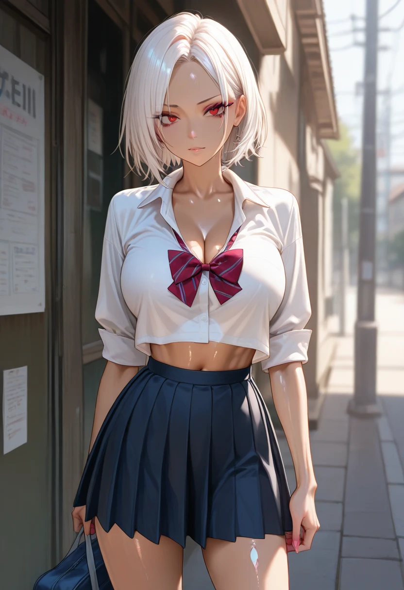 detailed,score_9, score_8_up, score_7_up, score_6_up, score_5_up, score_4_up, BREAK,blunt bangs,((緑の髪)),赤い瞳,幼い,shiny skin,small breasts,breasts apart,((solo)),((1girl)),collared shirt, tied shirt, cleavage, bra,navel, midriff, belted skirt, plaid skirt,anime style,