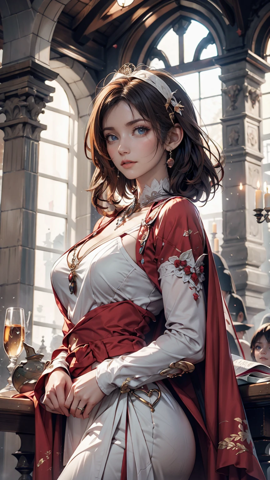 Gray-haired woman, Grey Eyes, Royalty, Red dress, Red Jewelry, Red earrings, Lunar, noble, Lady, high quality, Very detailed, Detailed face, masterpiece, city, Drinking tea, garden, Flowers, Light