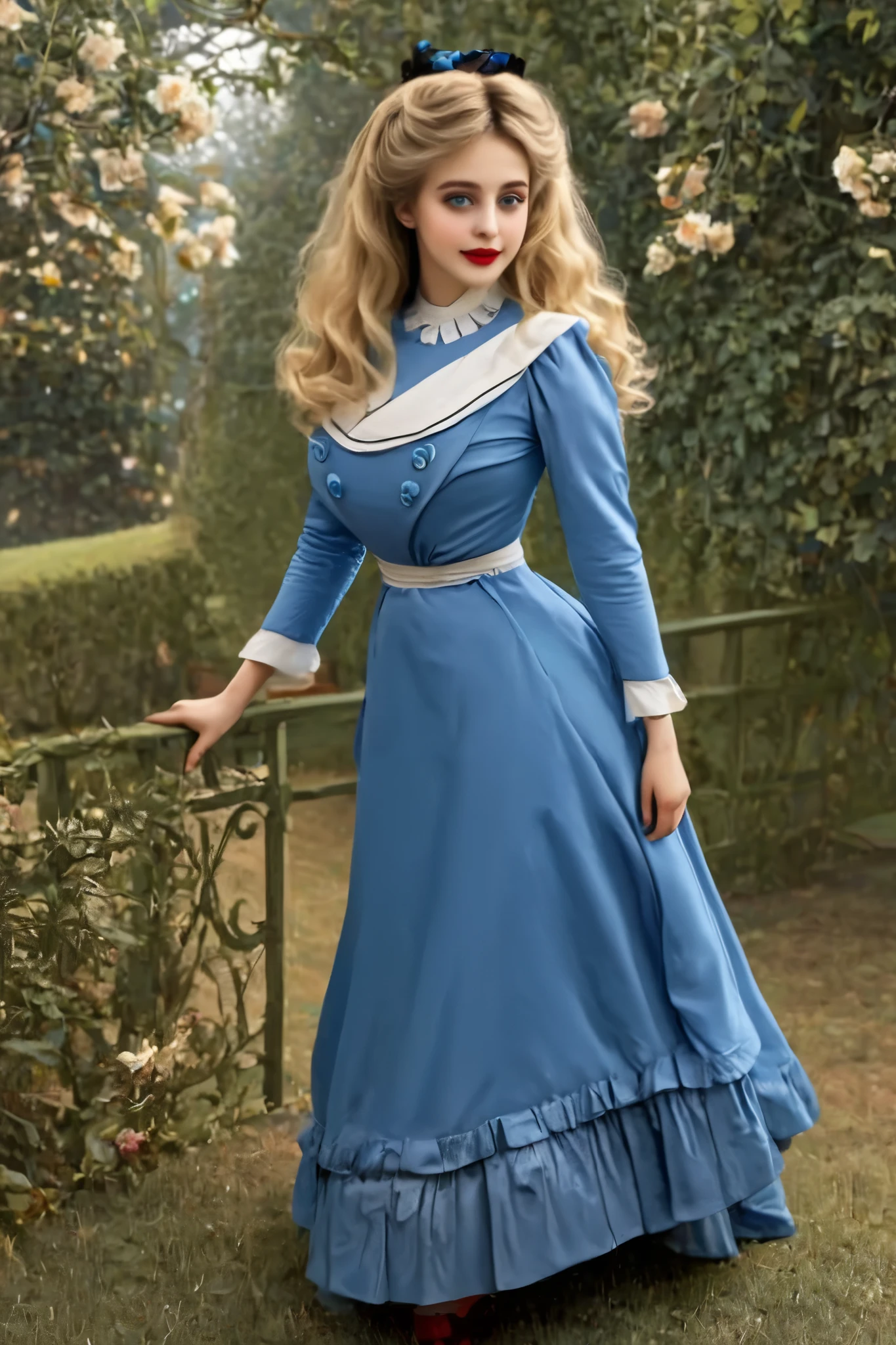 Alice as a slutty 11yo blonde English lass (((bent over, flirting with a horny 70yo pervert in 1901))). 1girl, 1man. 1900_dr3ss. High-collar blue gown with long sleeves, wide-brimmed hat fully topped with flowers, ribbons and plumes, white gloves, waistband, petticoats, silk stockings, buttoned ankle boots. Long blonde hair, pale complexion, big eyes, coquettish smile, red lips, thicc shapely legs. 1901. Edwardian setting. Estate background. 1girl. (((Anatomically correct)))