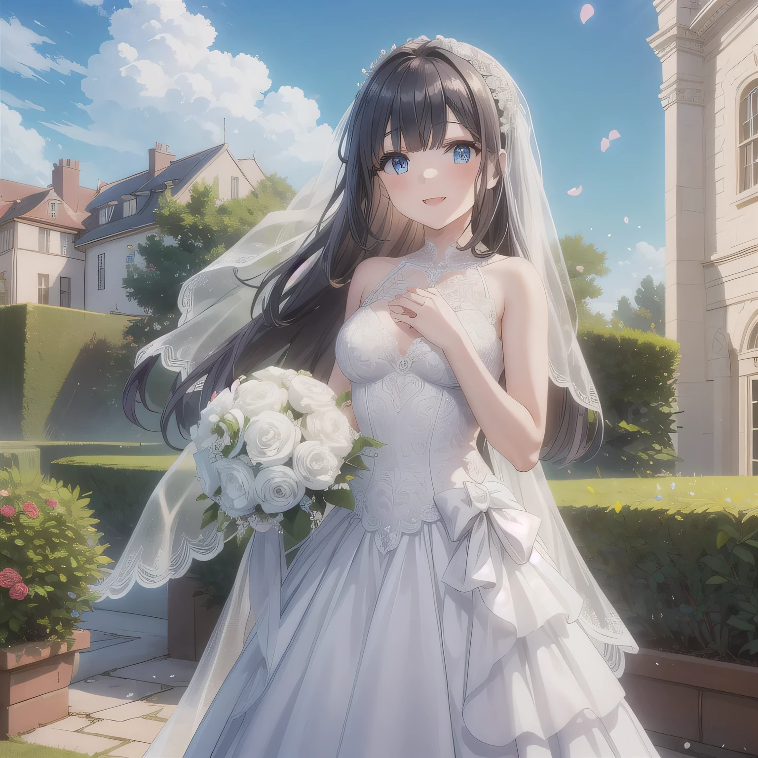 A breathtakingly beautiful 20-year-old woman stands in the courtyard of a luxurious mansion beneath a clear blue sky. She wears a white and blue wedding dress, holding a red bouquet gracefully in front of her chest. Her radiant smile and joyful expression exude pure happiness. dark hair, long hair, blue eyes.