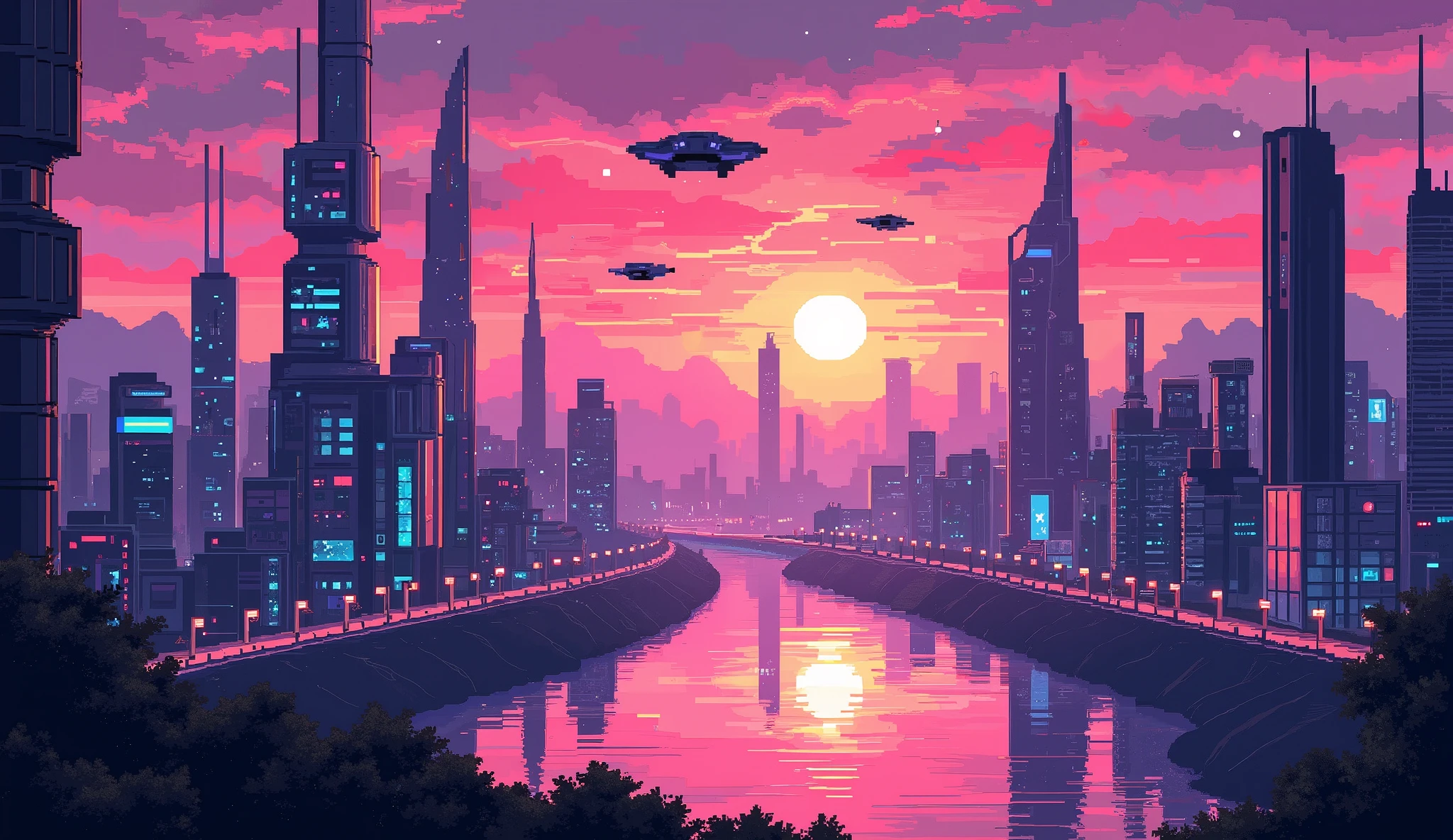 A highly detailed pixel art cyberpunk city skyline at sunset, neon lights reflecting on the river, pink and purple hues, flying cars in the distance, retro-futuristic 80s atmosphere.