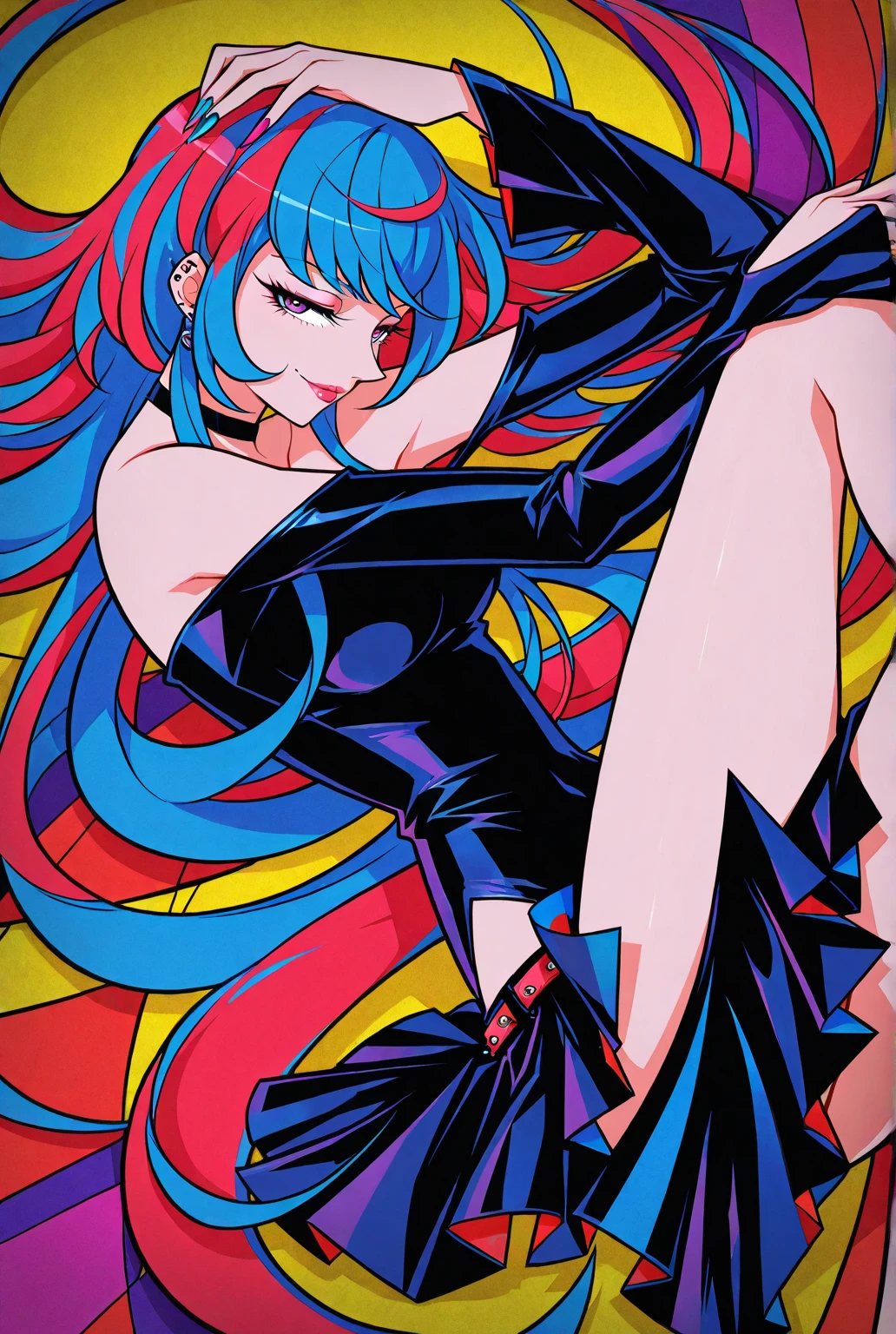 leotard, calm facial exprecion, blue hair, red eye, leotard, big shoulders, sleeves, medium breast, boots, long hair, skirt, smile, half lips stic inferion lip, red lipstic, long hair, messy hair, smile, ong hair, standing solo, full body, boots,, body suit, mini skirt