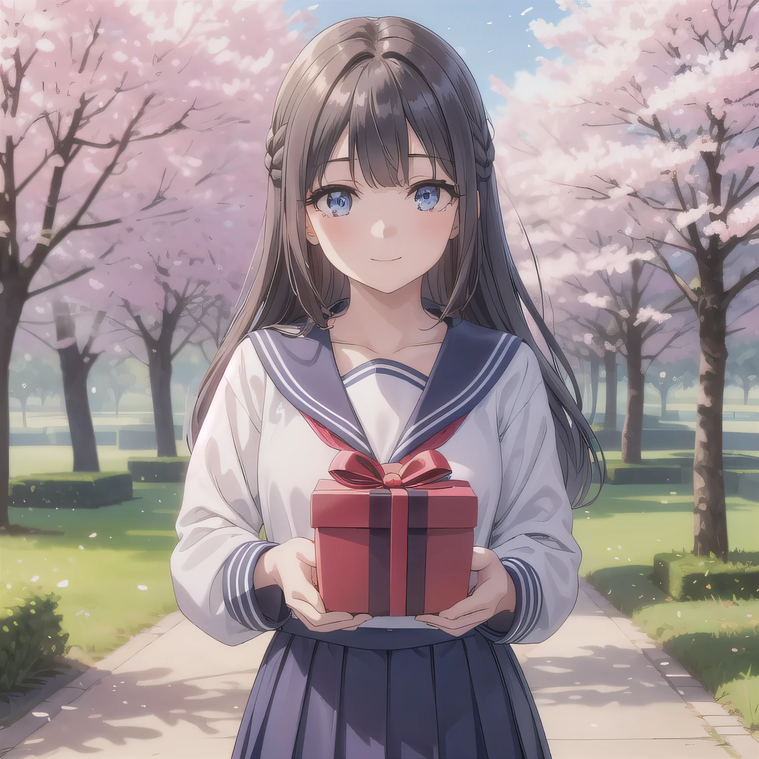 A breathtakingly beautiful 20-year-old woman stands in a lush park filled with cherry blossoms in full bloom beneath a clear blue sky. She wears a classic sailor uniform and gently holds a small, neatly wrapped gift box adorned with a red ribbon. Her radiant smile and joyful expression convey heartfelt happiness. dark hair, long hair, blue eyes.