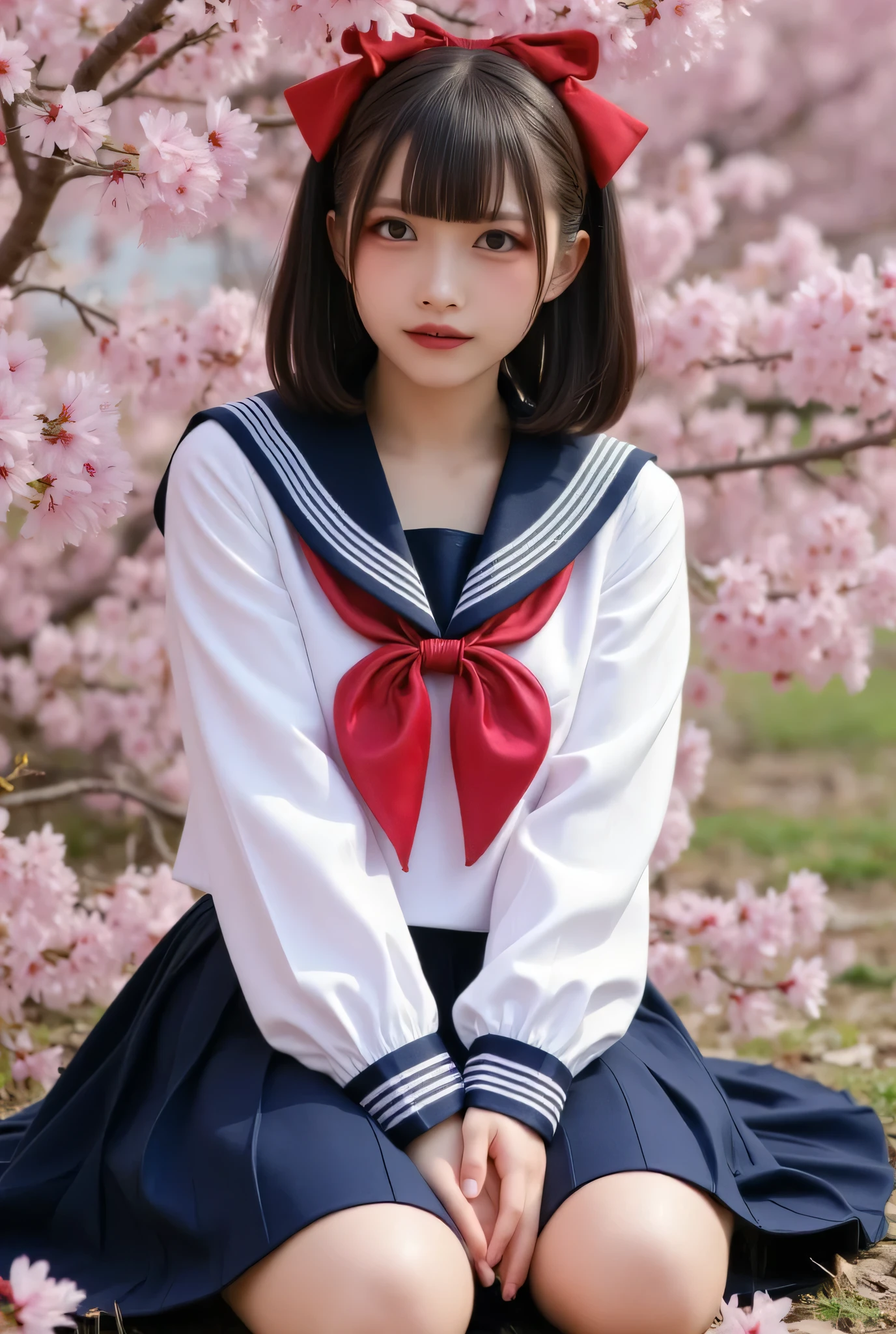 Anatomically accurate 2 arms , a woman with a red bow on her head、wears a white long-sleeved sailor suit with a red ribbon and dark blue skirt, black hair.,dark eyes, Black hair reaching the shoulders , and laugh while sitting , cinematography , reality, very well detailed , Cherry blossom background , see here , nothing, accurate, top quality , high detail , Ultra-fine, Contemptuous Expression, young,, very cute in the water