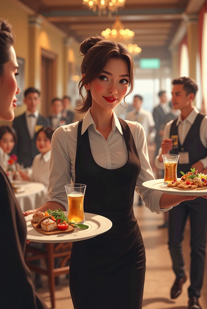 brunette woman standing in front of a banquet with several people 