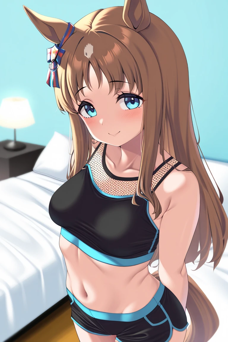 (Best quality: 1.3), Nakano miku, long brown hair, hair between the eyes, blue eyes, large round breasts, medium waist, medium hips, wide thighs, black underwear, black bra, black thong, smiling, blushing:1.2, Lying on the bed, pov (from above view)