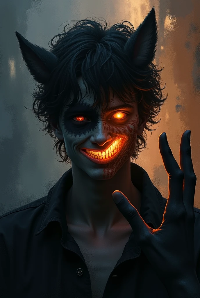 nightmare、psychedelic、Space is distorted、colorful、dream-like、The colors are noisy、A distorted silhouette of a person、Grinning