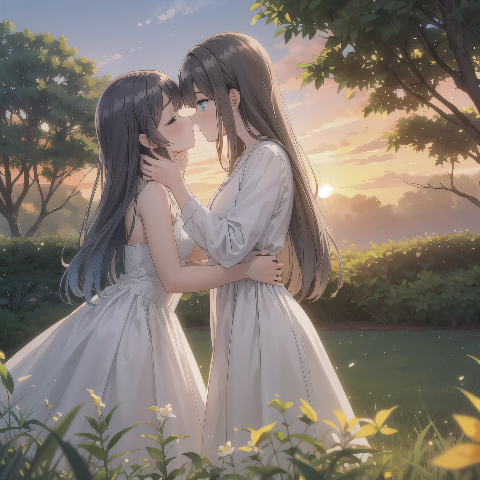 A breathtakingly beautiful 20-year-old woman stands in a lush green park at sunset, bathed in the warm golden light of the evening sun. Facing forward, her eyes gently closed, cheeks slightly flushed, and her face tilted upward as if anticipating a kiss, she embodies serenity and romance. The soft hues of the sunset complement the tranquil surroundings, enriching the dreamy atmosphere. dark hair, long hair, blue eyes.