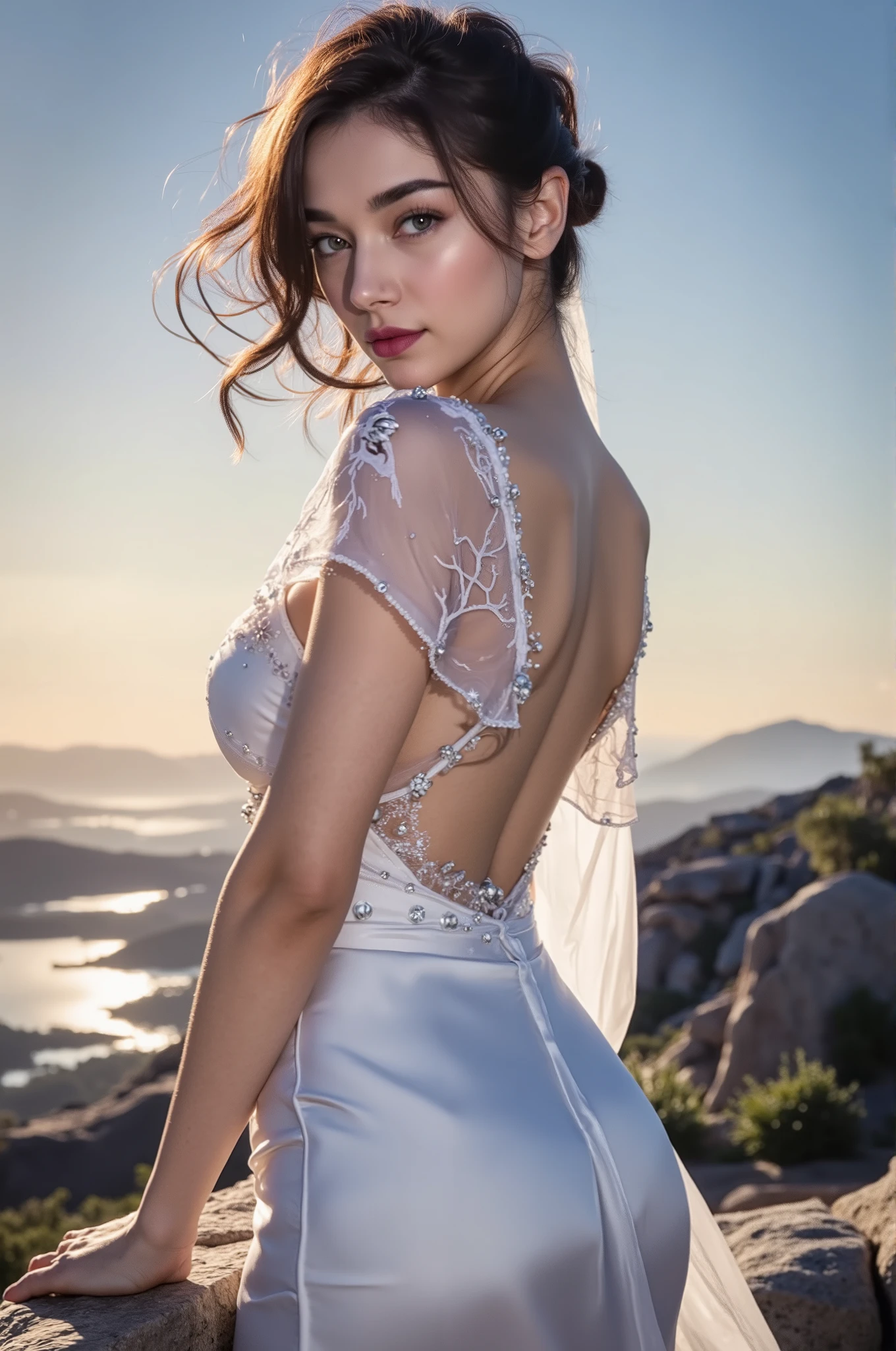 A beautiful woman stood atop a rocky outcropping, Her hair was swept up in loose curls that tumbled down her back, a subtle hint of makeup accentuated her high cheekbones, full lips, and flawless complexion. As she turned to face the camera, a soft smile played at the corners of her mouth, framing her delicate features and piercing blue eyes overlooking a breathtaking valley below. She wore a flowing wedding dress that billowed gently in the breeze ,the lace was delicately embroidered with tiny flowers and vines, while the hem was adorned with sparkling crystals that caught the light and glimmered like stars. In the foreground, a bed of wildflowers added a pop of color to the scene, with vibrant hues of pink, purple, and yellow. Bees buzzed lazily from blossom to blossom, collecting nectar in the golden light of the setting sun. The sun was setting behind the mountains, casting a warm orange glow across the vast landscape.