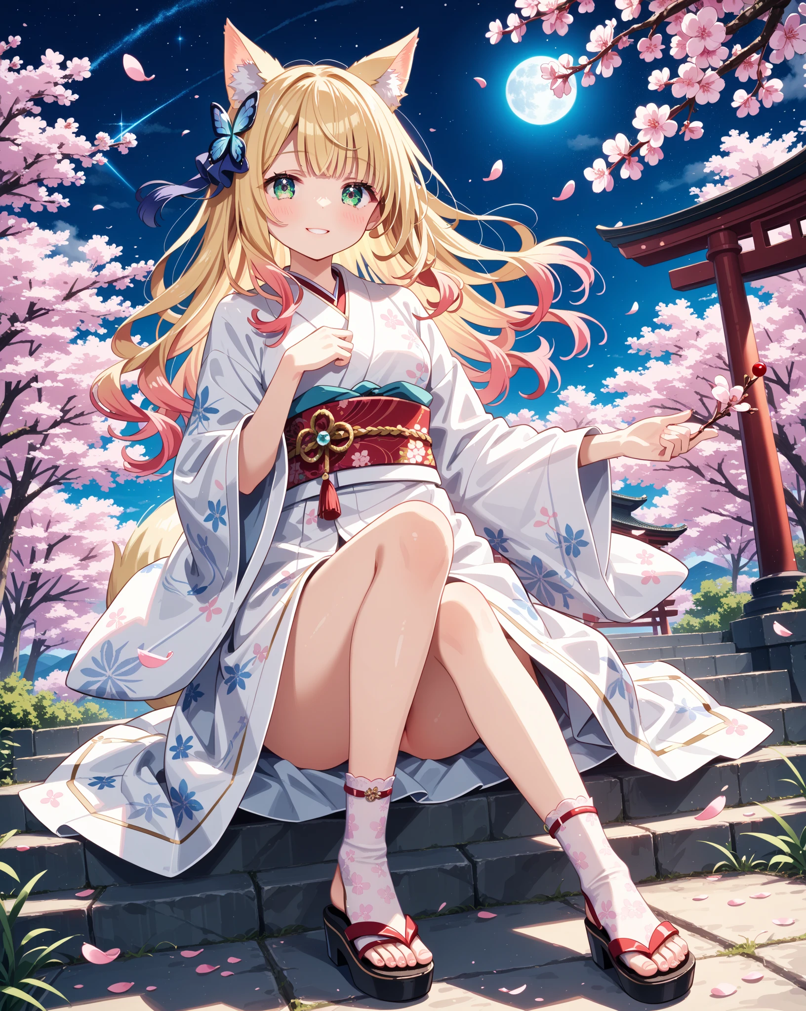Anime Girls、Bare shoulders、Blonde、architecture、black eye、cherry blossoms、geta、東アジアのarchitecture、fan、flower、cloud、hair ornaments、flower柄、fan、Fox Mimi、White panties、Short kimono、