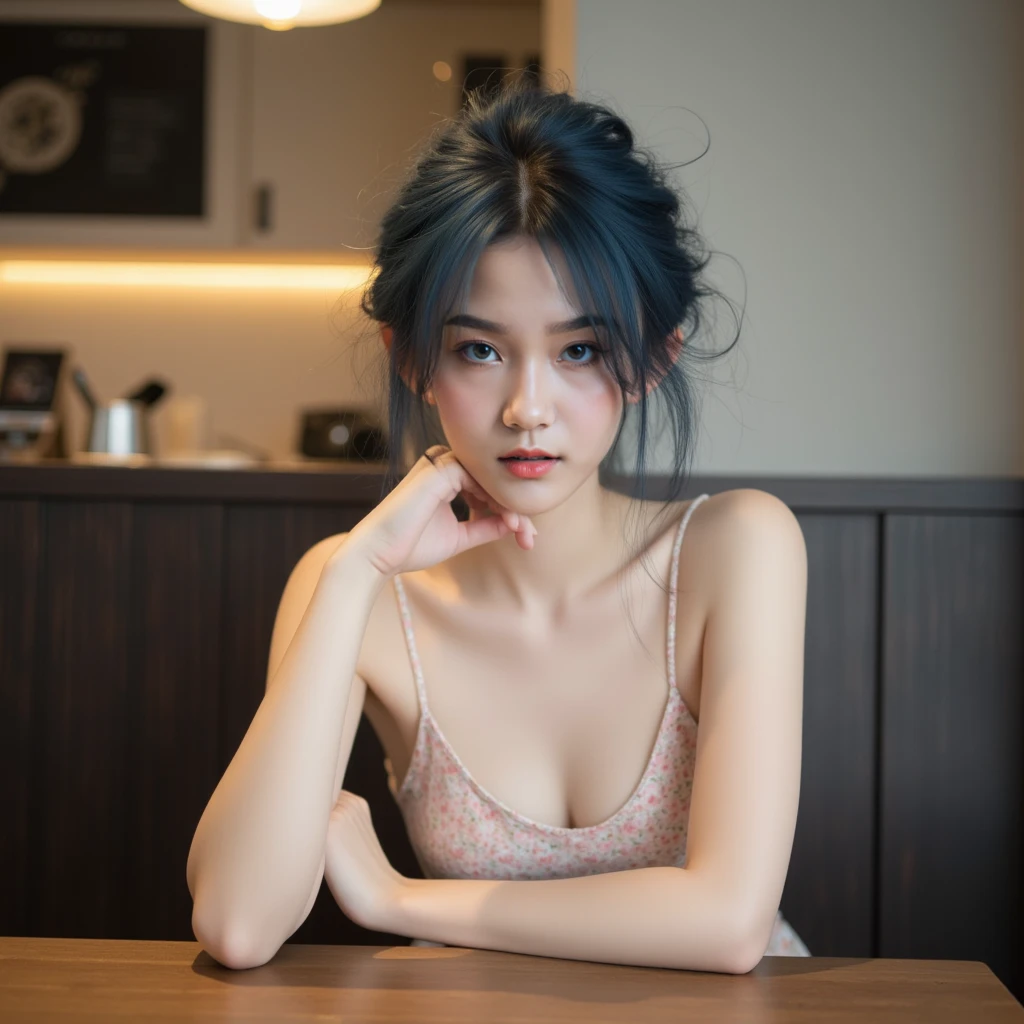 highly details, 8ก, Masterpiece, 1 girl, pleated blue_hair_bulb, set, bend_over , Beaming, (perfect_face), sit, table, luxurious, complicated, incredible light, 4K, details_background, caustic soda, full_body, (overจริง:1.3), Bloom,(beautiful light:1.3), caustic soda, dynamic light, beautiful light,  