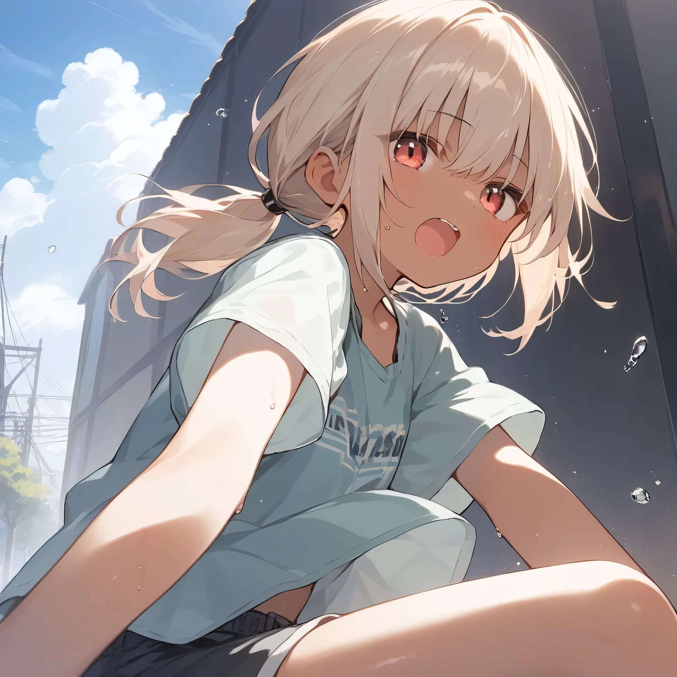 score_9, score_8_up, score_7_up, source_anime, best quality, masterpiece, official art, absurdres, highres, ultra-detailed,waifu2x,Collection: Slice of Life,break,1girl, tomboy, dark-skinned female, short hair, low ponytail, flat chest, beautiful detailed eyes, short shorts, sweat, open mouth, (yawn:0.3), sleepily, outdoors, wind, break,dewy skin, perspiration on the skin,skin texture, fine lines, pores, natural imperfections,light reflections, glossy skin, shiny skin,break,(clear line illustration:1.2),very high resolution, very aesthetic, Best sexual lighting powered by famous artist, 8k,cute picture,beauty illustration,photoshop_(medium),,(Detailed Lighting),best anime 8k konachan wallpaper, pixiv contest winner, 