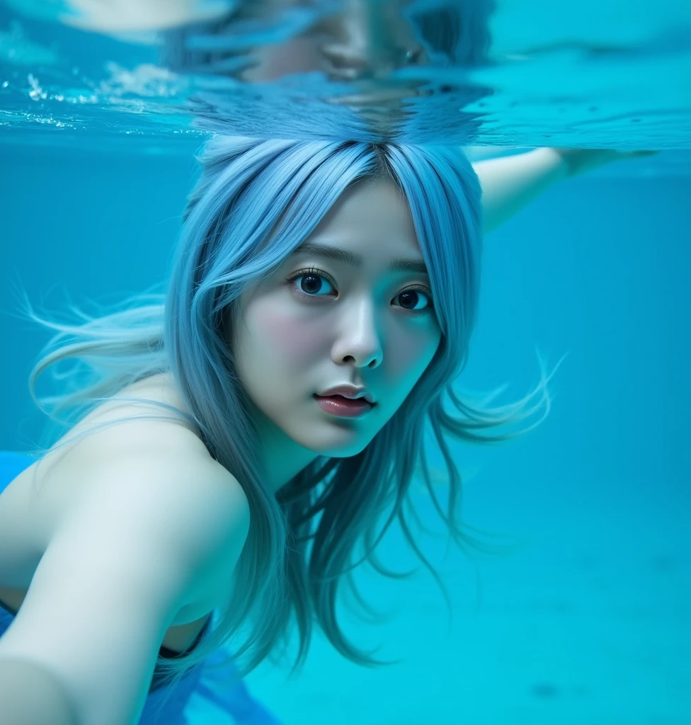 Mesmerizing close-up photos taken with an underwater camera show a cute 20-year-old Chinese girl., Long hair, pastel pink, half blue., She wore a pure white shirt as she gracefully dived beneath the surface of the sea., Illuminated by daylight that filters through the gentle waves.. The play of light casts mesmerizing patterned shadows on her body., As her reflection danced gracefully on the shimmering surface of the sea.. Intense worm's eye view, Fish eye effect