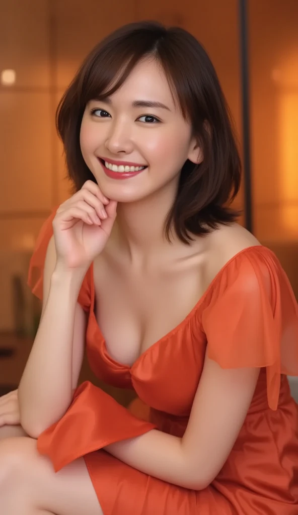One Girl, (wearing an orange glitter dress:1.2), (RAW Photos, highest quality), (Realistic, Photorealistic:1.4), Tabletop, Very delicate and beautiful, Very detailed, 2k wallpaper, wonderful, In detail, very detailed Cg Unity 8K wallpaper, Very detailedな, High resolution, Soft Light, Beautiful detailed girl, Very detailedな目と顔, Beautifully detailed nose, Beautiful fine details, Cinema Lighting, Interior of a baroque castle, Perfect Anatomy, Slender body, smile,
Narrow shoulders, Beautiful clavicle, Thin arms, Long, slender legs, Small Ass, No bra,
Slender figure, The beauty of slim abs :1.2, Thin waist :1.2, Thin thighs :1.2,
Ultra-detailed skin, Fair skin, Glossy Skin, Ultra detailed face,
Slim face contour, Beautiful small face, Beautiful lined nose,
Ultra-detailed eyes, Slit eyes, Brown eyes, double eyelid, Ultra-thin eyebrows, Thin, long eyelashes,
Ultra-detailed lips, Moisturized and glossy lips, Full, plump lips, Flushed Cheeks, ((white neat teeth)),
Beautiful actress's ennui makeup, Pink Rouge,
Dark Brown Hair, Delicate soft hair, Hair blowing in the wind,
(Put your hair up, Medium Short Hair, Gorgeous curly hair:1.2),
Layered Cut, (Blunt bangs:1.2),
cute smile, A dreamy look, ((Staring at the viewer)),
(((Photorealism,Shoot the whole body from the thighs:1.2))), ((The body is facing sideways)),
Dynamic Lighting,
(Dress up in a see-through nightgown with fluorescent cobalt blue glitter:1.5),
((Gorgeous Earrings, Silver Necklace)),
Eco and bright background,
((Raise your face slightly)),
((Squinting)),
((Kissing with a pout)),
((Blushing)),
((The cleavage between her breasts is fluffy)),
((Flat Chest)),
((Moisturized nipples:1.2)),
((Nipples are wet with water drops:1.2)),
((Beautiful small pink areola:1.2)),
((TThe bag is digging into the crack of her crotch:1.5)),
((My nipples are sticking out of my bra:1.5)),
((Sit with good posture and do the M-leg splits:1.5)),
((Place the palm of your hand on your cheek:1.5)),
((Sweating in cleavage:1.2)),
((TFocus on the back and garter belt:1.5)),
((Luxury hotel glass room, Red Wall:1.2)),
The midsummer sun shines on the whole, The large windows overlook the ocean horizon.,