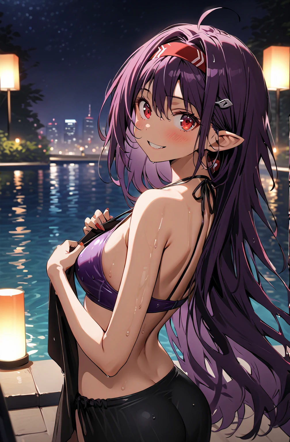 masterpiece,best quality,2girls,solo,looking at viewer,bright light<lora:add_detail:0.7>,jewelry,earrings,necklace,outdoors, dark clouds, river, bathing, <lora:eleileen_20230627121513:0.85> eleileen,demon tail,demon girl, gloves, horns,