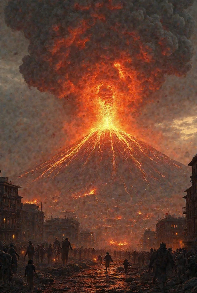 ((Best quality))) ，tmasterpiece，8K， A city，Panicked humans，A volcano is erupting in the distance，magma，dense smoke，rays of sunshine