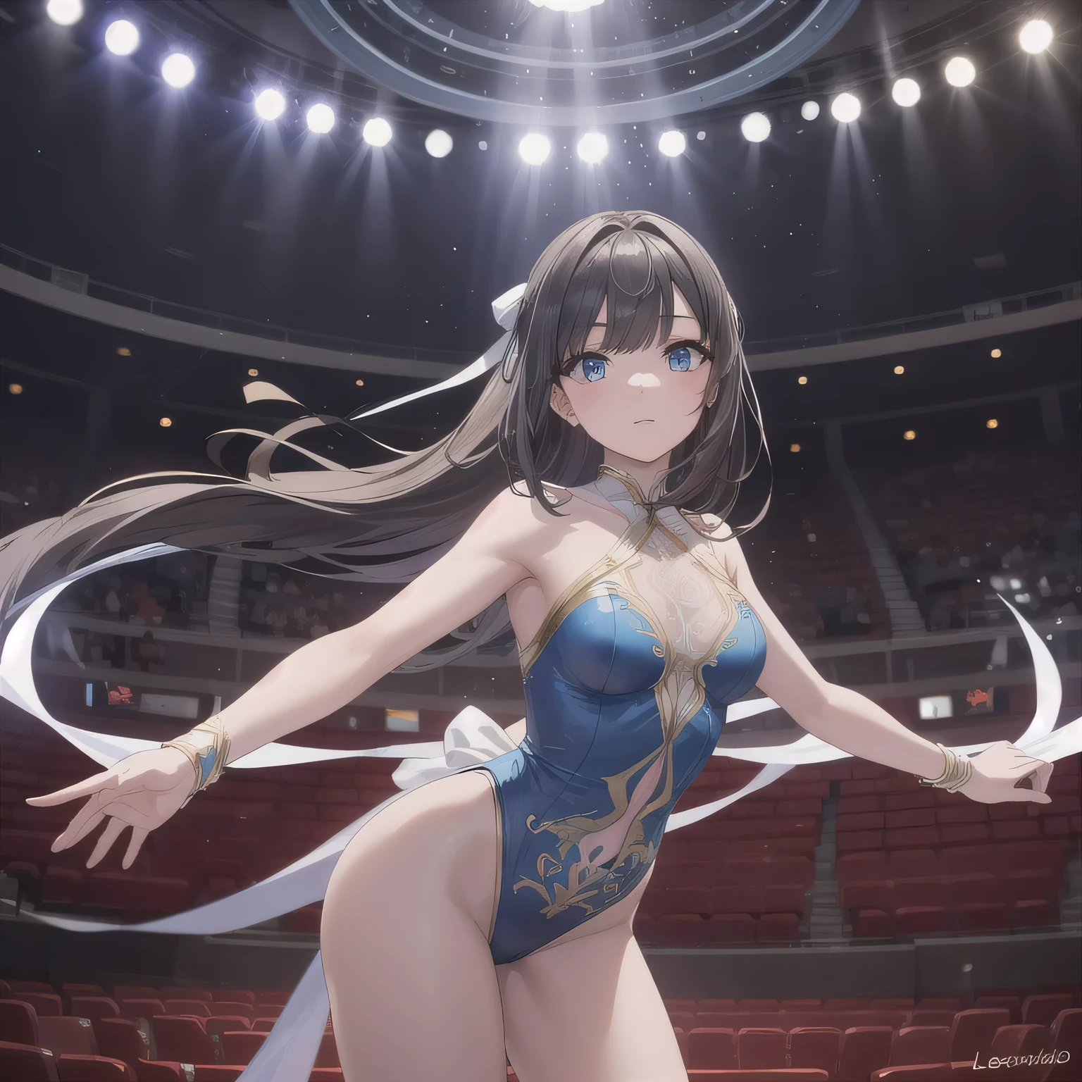A breathtakingly beautiful 20-year-old woman performs a rhythmic gymnastics routine in a grand competition hall, adorned in an exquisitely designed leotard that enhances the elegance of her movements. The long ribbon swirls through the air, tracing intricate patterns that dance in harmony with her fluid motions. The stage lighting casts a soft glow, accentuating the breathtaking combination of grace, flexibility, and precision in her performance. dark hair, long hair, blue eyes.
