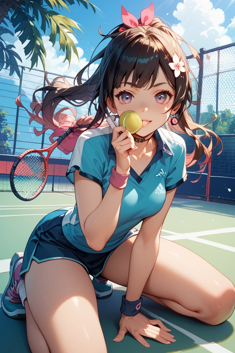  masterpiece, (textured skin), best quality, gorgeous beautiful girl, (a female tennis athlete), detailed clothes,large breasts,narrow waist,, (beautiful face), cinematic lighting, (at tennis venue ),