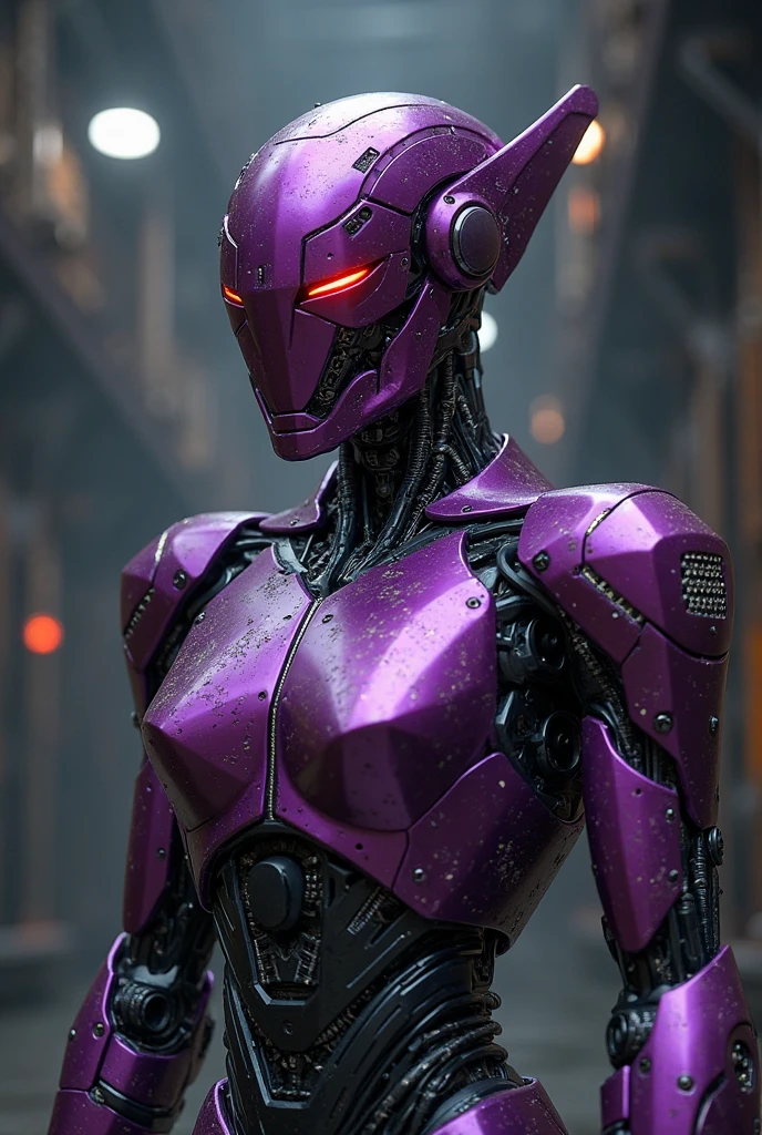 score_9, score_8_up, score_7_up, Wear violet mechanical clothing, Wonders of the machine, cyber, Cybernetic Guardian, Futuristic Armor, whole body, Front pose, Symmetric, Complex (Steel Metal [rust]), joint, Warframe style, cyborg, Female body armor, (Best Quality, 4K, 8K, High Definition, Masterpiece:1.2), (Ultra Detailed, Realistic, Photorealistic:1.37), detailed fractal patterned skin, cute lips, Bioluminescence, dark aura