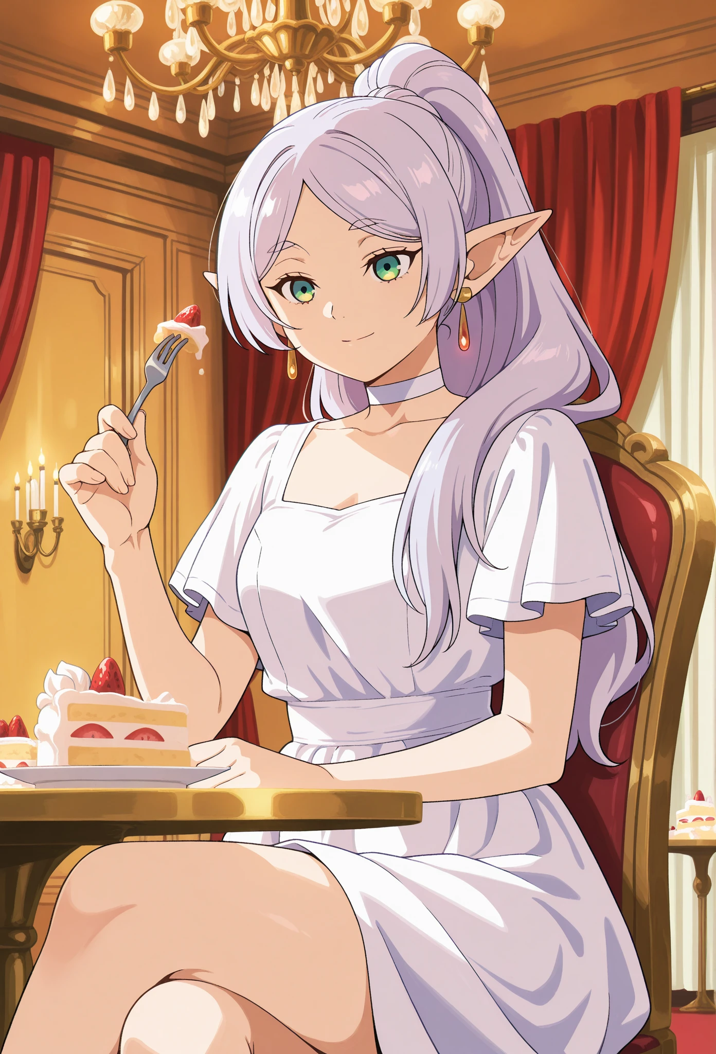 score_9, score_8_up, source_anime, 1girl, solo, FrierenDress, green eyes, white hair, long hair, ponytail, earrings, white choker, white dress, short sleeves, sitting on chair, indoors, palace, table, strawberry shortcake, eating cake, holding fork, smile, <lora:ChamFrierenPonyXL:1>